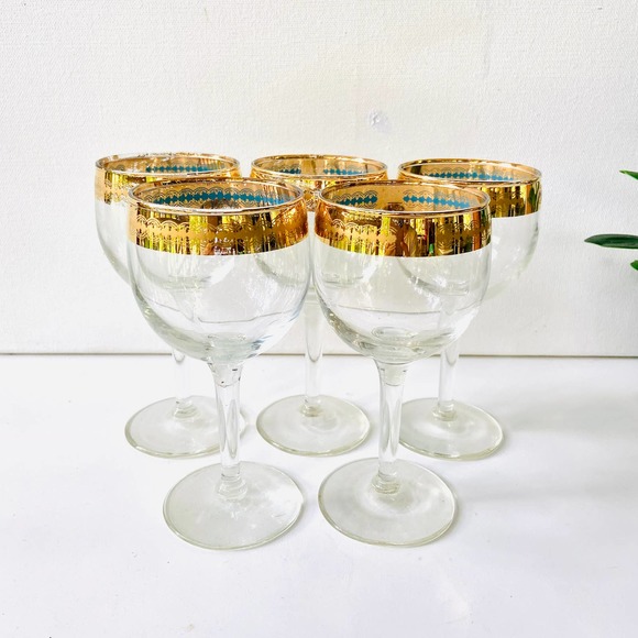 RARE Culver 22K Mid Century Stemmed Wine Glasses with a Gold and Aqua Rim